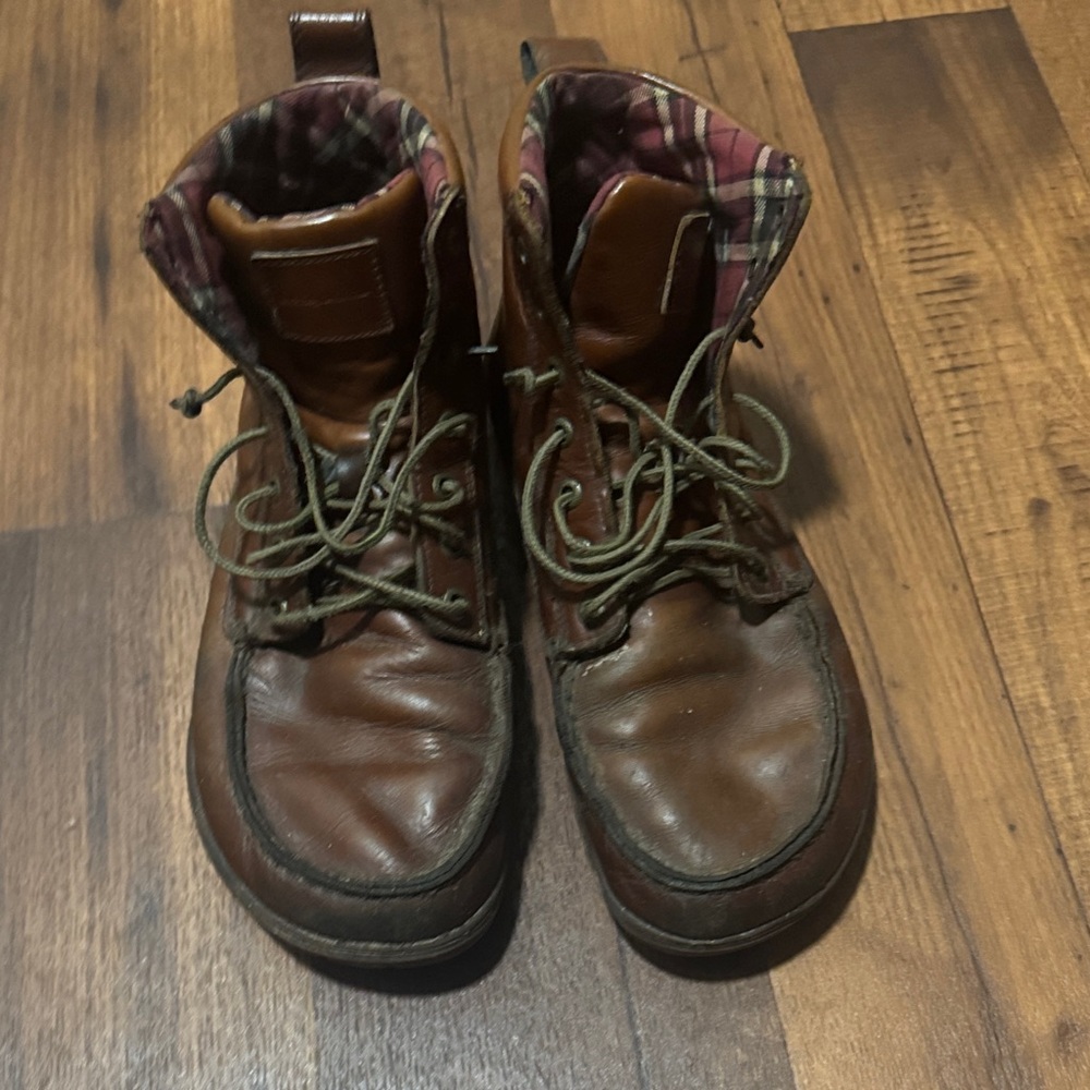 Men's Brown Leather Boots with Plaid Lining